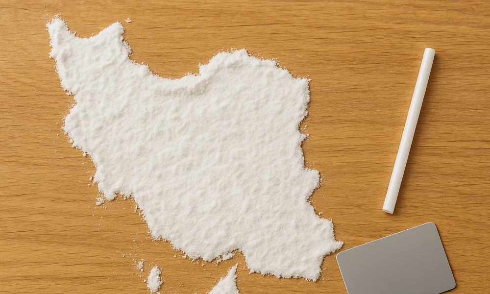 This image shows a white powdery substance shaped like the map of Iran on a wooden surface. To the right of the shape are a white cylindrical object resembling a straw and a metallic rectangular card, suggestive of items often associated with drug use. Both this description and this image were generated using artificial intelligence.