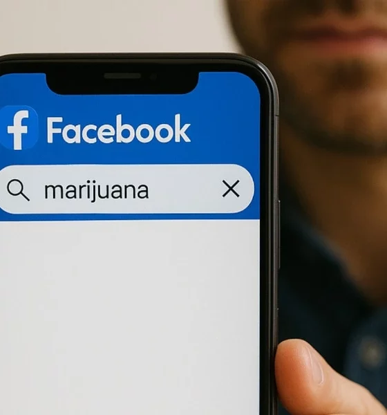 Un homme tient un smartphone affichant l'application Facebook, avec le mot « marijuana » saisi dans la barre de recherche. L’écran est net tandis que l’homme en arrière-plan est flou, mettant l’accent sur la requête de recherche.